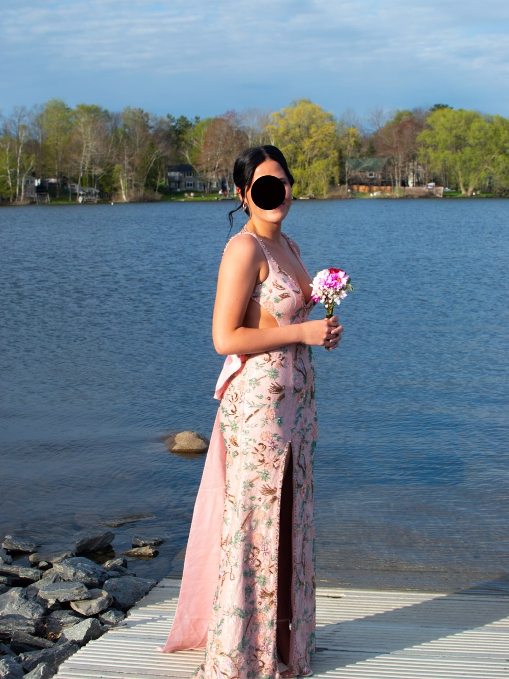 Elegant Pink Floral Prom Dress with Beaded Accents